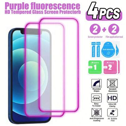 四合一（2 张贴膜 + 2 套贴膜工具）全透明紫色夜光保护膜，夜光设计钢化玻璃屏幕保护膜，兼容 机型：11/12/13/14 Pro/15/15 Pro Max/16/16 Pro/16 Pro Max/16 Plus/17/17 Pro/17 Air/17 Pro Max，生日、家人、朋友礼物，手机屏幕保护膜，手机配件，防水防震