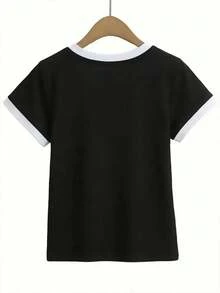 女士休闲撞色侧条纹T恤，学院风日常短袖T恤，夏季拼接简约修身复古条纹运动上衣（黑色） - 黑色 - 查看 2