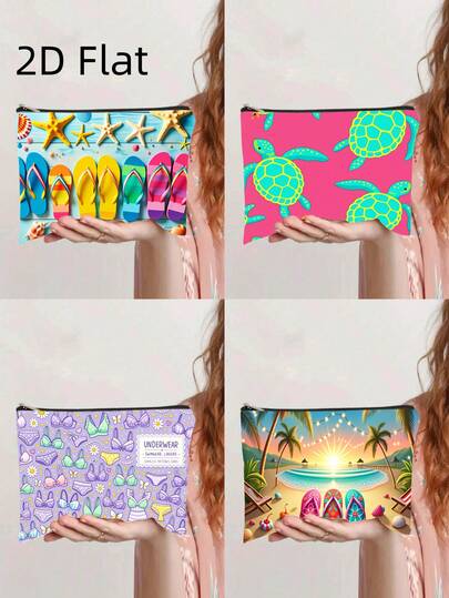 化妆包 1 件装，内衣泳装图案卡片化妆包，带拉链，大容量洗漱包，可爱时尚钱包便携收纳包，旅行化妆包，节日礼物，1 件装绿松石珊瑚色海滩日出化妆包 - 双面热带棕榈树和人字拖印花