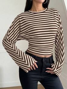 Áo kiểu nữ tối giản, thanh lịch, phối màu tương phản, dáng ôm eo, kẻ sọc, thích hợp mặc thường ngày, hẹn hò hoặc dạo phố, dành cho mùa xuân. - màu nâu - Xem 2
