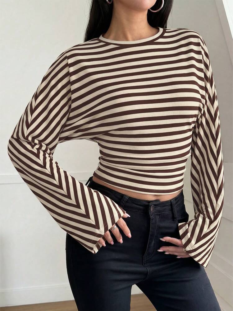 Minimalist Elegant Contrast Color Striped Waist Fitted Casual, Date, Street Wear Blouse For Women Spring - Brown - View 2