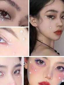 4片亚克力3D水晶钻石贴纸，面部宝石贴纸，眼线贴纸，星星和爱心图案，用于面部化妆装饰 - 彩色 - 查看 8