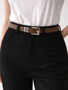 1 Piece Of Women's Thin Brown Belt With Silver Buckle, Classic Metal Style, Versatile, Premium PU Leather With High Durability, 113 Cm Length X 2.5 Cm Height. - Rỉ Nâu - Xem 5