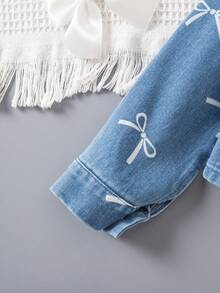 4-7岁女童春夏蝴蝶印花牛仔外套，翻领单排扣休闲百搭外套 - 藍色 - 查看 7