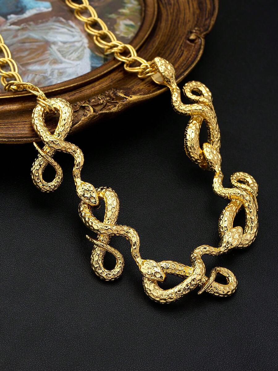 1件夸张盘绕蛇形项链，女士专属，独特个性项链，高端质感颈链 - 金黃色 - 查看 1