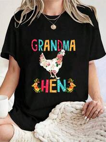 Mother's Day Happy Proud Grandma Floral Chicken Hen Lover T-Shirt Graphic Tees Women Crew Neck Short Sleeve Casual T-Shirt - Black - View 1