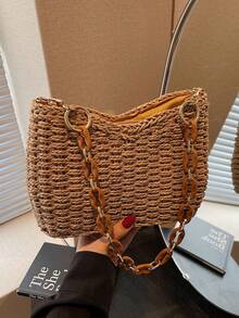 New Summer Niche Design Straw Underarm Beach Bag, Chain Minimalist Fashion Handwoven Shoulder Bag - Khaki - View 11