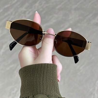 1 Pair Of Men's Exclusive Gold-Frame Oval Tea-Lens All-Metal Anti-Ultraviolet Cool And Handsome Style Fashion Glasses, Suitable For Both Self-Driving Trips And Business Use