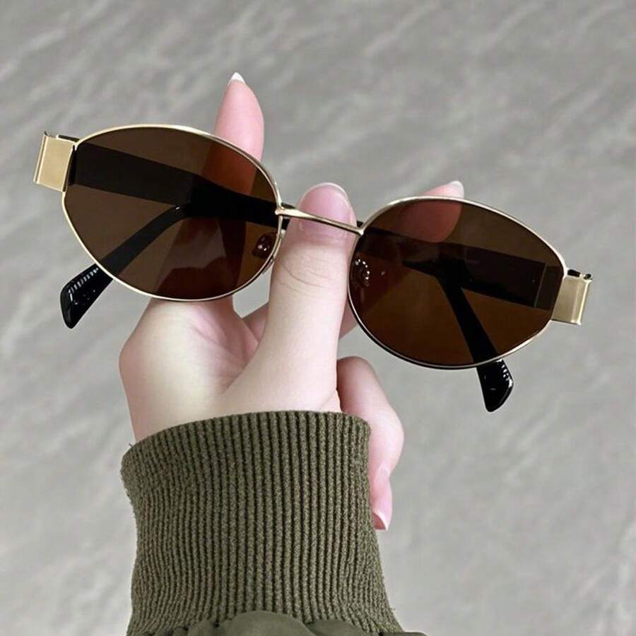 一副男士专属金色镜框椭圆形茶色镜片全金属防紫外线时尚眼镜，酷炫帅气，适合自驾游和商务出行。 - 彩色 - 查看 1