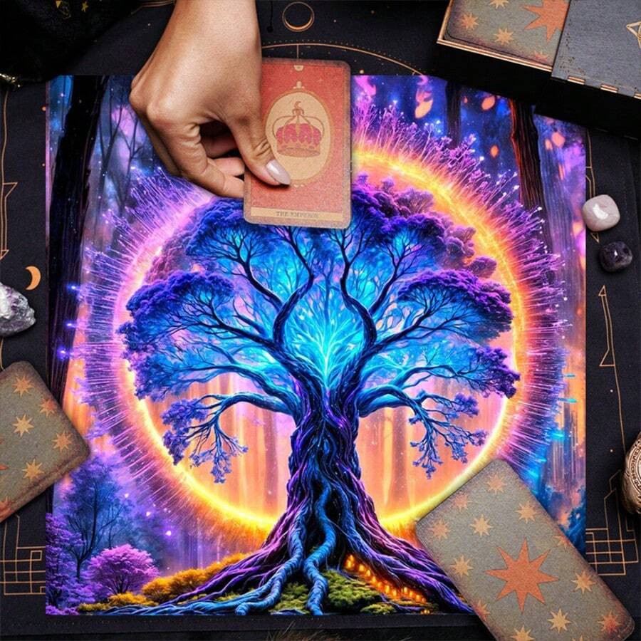 1件套迷人复古花卉日月图案塔罗牌桌布 - 优雅的生命之树塔罗牌桌布,色彩鲜艳的涤纶材质,饰有星空和花卉图案,适用于塔罗牌占卜、巫术和占星术,也可作为波西米亚风塔罗牌桌布或游戏垫,家居装饰。 - 彩色 - 查看 1