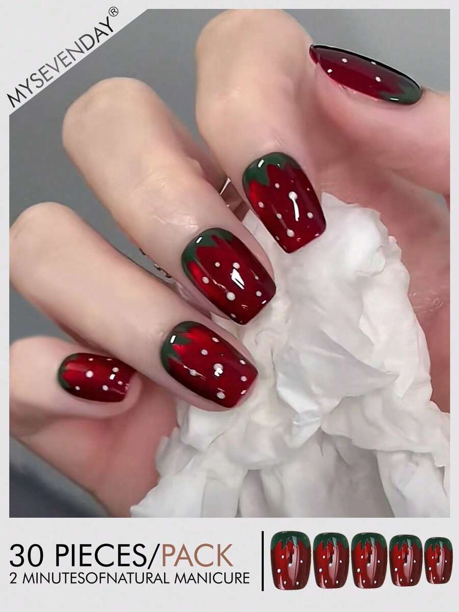 30 Stücke Kurze Quadratische/Minimalistische Japanische Stil Süße Erdbeermuster Vollständig Abgedeckte Nagelkunst und Nagelplatten/Inklusive Gelee Kleber und Schleifstreifen Geeignet für Aggregation, Wiederverwendbar für den täglichen Gebrauch, kann Ihre Stimmung verbessern - Verschiedenfarbig - Übersicht 1