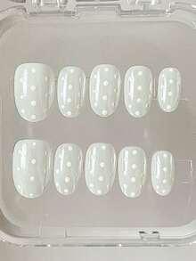 10张极简日常INS法式甜美可爱手绘白色波点短椭圆美甲贴纸 - 白色 - 查看 2