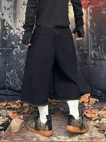 1 pièce Short en jean ample de style gothique sorcier pour hommes, avec broderie de plantes botaniques et de lune, ourlet brut, style Cottagecore streetwear foncé, plusieurs tailles - Noir - Voir 3