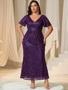 EVERPRETTY Vestido midi de sirena con escote en V y mangas cortas con lentejuelas para mujer de talla grande, vestido de noche morado adecuado para cena formal, vacaciones, invitada de boda, vestido de fiesta formal que se ajusta a la curva para ocasiones de primavera - Morado - Ver 7