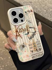 1件装 时尚个性化旅行城市伦敦巴黎纽约图案荔枝纹理防摔防滑软手机壳保护套 兼容苹果手机 - 彩色 - 查看 5