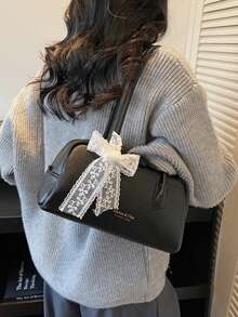 Bolso de hombro de mujer de unicolor retro de piel de PU, de gran capacidad con diseño de múltiples bolsillos y colgante decorativo desmontable - Negro - Ver 4