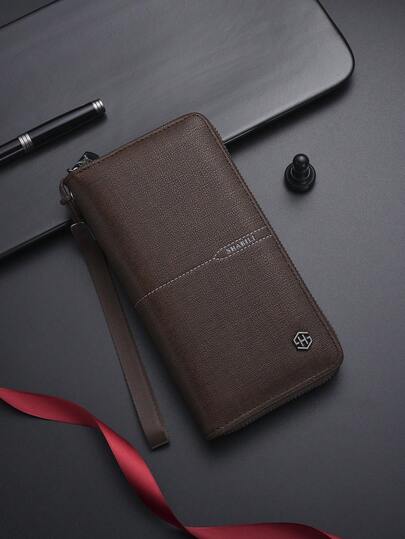 SHABILI 1pc Solid Color PU Leather Large Capacity Zipper Wallet, Business Clutch Bag, Phone Pouch For Men, Commuting & Daily Use Money Wallet Purse Wallet Long Wallet Travel Essential Summer Wristlet Wallet