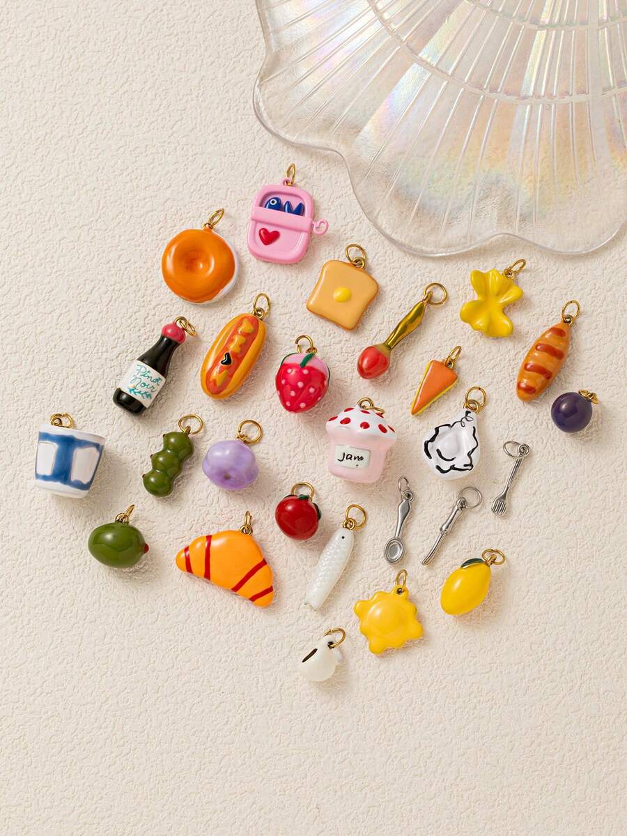 1件休闲厨房风格滴水吊坠，包含罐头食品、牡蛎、面包、瓶子、鱼、花、勺子、叉子、刀、杯子、草莓、热狗、柠檬、橄榄、豌豆、饼干、大蒜、蓝莓和番茄。采用不锈钢材质，18K镀金，防水防褪色。适用于DIY项链、手链、钥匙扣、包链、女士首饰、DIY配件、海滩装饰。 - 彩色 - 查看 1