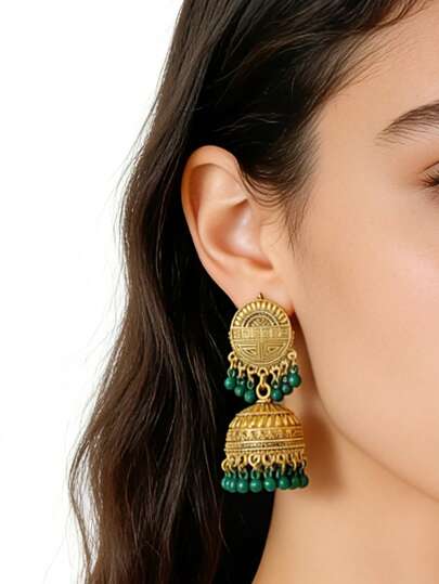 1Pair Classic Vintage Boho Earrings,Charm Totem Design With Beads Pendant Jhumka Earrings Suitable For Women's Daily Or Festival Wear