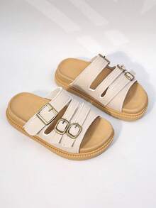 1双女童米色三扣防滑拖鞋，适合日常休闲穿着 - 香檳色 - 查看 6