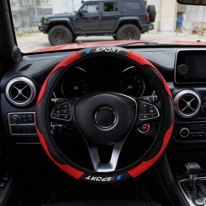 1pc Carbon Fiber Leather SPORT Car Steering Wheel Cover, Fits 14.5-15 Inch Steering Wheel, Unisex Car Accessories, Suitable For All Seasons