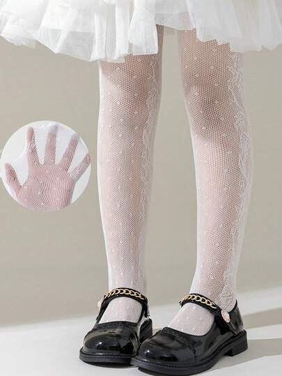 1-Pack Girls' White Pantyhose - Lightweight Spring/Summer Style Featuring Breathable Lace Mesh, Floral Embroidery, And Soft, Sweet, & Elegant Design - Ideal For Parties Or Daily Wear