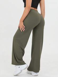 Women's Spring And Summer High Waisted Sports And Leisure Yoga Outdoor Wide Leg Pants, High Waisted Design, Loose Hanging, Daily Slimming, Versatile Solid Color, Suitable For Outdoor Sports, Fitness Yoga, Commuting, And Street Wear - 橄欖綠 - 查看 6