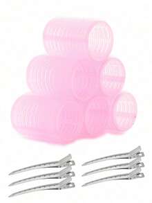 18个装大号自粘式卷发器，适用于长发/中长发/短发及刘海，DIY卷发工具（包含12个大号卷发器+6个夹子），卷发器 - 粉色 - 查看 12