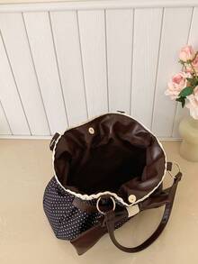 新款复古波点大容量单肩包，蝴蝶结蕾丝时尚通勤腋下包，独特ins风手提包 - 黑色 - 查看 6