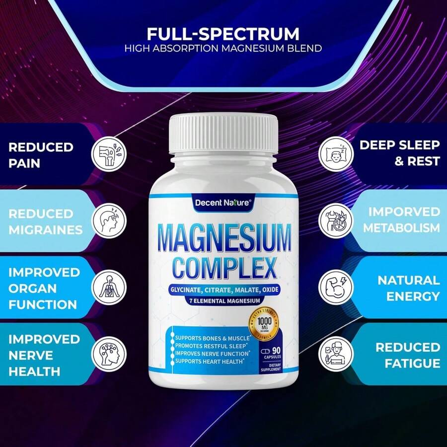 Magnesium Complex 7 Types 1000mg Supplement | Magnesium Glycinate Citrate Malate Taurate Oxide Aspartate Orotate | High Absorption Magnesium Capsules | 90 Count (1 Bottle) - 1 瓶 - 查看 1
