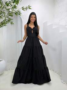 Women's Long Dress With Butterfly Knot - 純黑色 - 查看 3