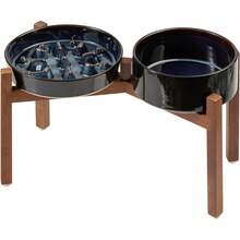 Ceramic Raised Slow Feeder Dog Bowl Set With Acacia Wood Stand - 2 x 星空 + 支架 - C - 查看 1
