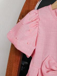 Girls' Beaded Puff Sleeve Dress, Cute & Elegant - Pink - View 4