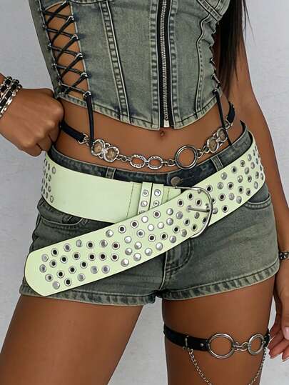 新款浅绿色金属铆钉腰带，超宽复古朋克Y2K皮革腰带