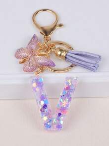 Cute Yarn Pom Pom Sequin Letter A-Z Resin Tassel Keychain, Wallet & Handbag Charm, Chain Backpack Pendant, Car Hanging Ornament, Girl Gift, School & Car Accessories, Gothic Y2K - Purple - View 32