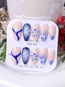 10 móng tay giả thủ công, móng ngắn, móng hình hạnh nhân, màu nude, xanh nhạt, kiểu Trung Quốc mới, thiết kế thanh lịch, móng tay năm mới, họa tiết hoa nhuộm tie-dye vẽ tay, trang trí đá và hạt cườm bạc, bao gồm dụng cụ làm móng, dễ dàng gắn và tháo, phù hợp cho phụ nữ và bé gái. - Màu xanh bụi bặm - Xem 4