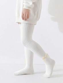 女童舞蹈紧身裤，婴儿竖条纹蝴蝶结设计，适合春秋季穿着 - 白色 - 查看 9