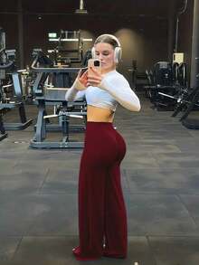 This Solid Color Yoga Wide-Leg Pants Are Comfortable And Slimming, Suitable For Running, Fitness, And Various Yoga Activities. - 酒紅色 - 查看 11