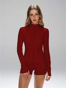 Women's Slim Fit Breathable Sports Set, Suitable For Outdoor Running, UV Protection Zipper Elastic Minimalist Slim Fit Fashionable Sexy High-Quality Basic Streetwear Elastic Casual Unique Color Brightening Skin Tone Elegant Tight Fit Warm Long Sleeve Yoga Jacket - 酒紅色 - 查看 5