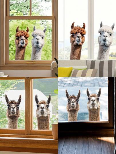 1 pieza Pegatina realista de alpaca para ventanas y puertas de vidrio, película impresa con patrones irregulares de llamas y alpacas, aplicación adhesiva, plástico para decoración del hogar, cubierta de vidrio