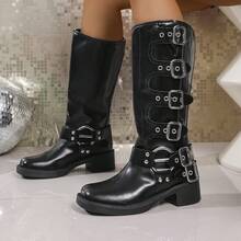 Women'S  Up Knee High Boots Motorcycle Riding Flat Low Heels Strappy Winter Boots - Black - View 18