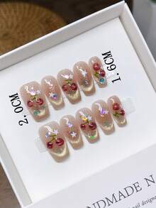 Pure Handmade Press-On Nails, Square Nail Shape, Hand-Painted Cat Eye Cherry Press-On Nails, Y2K, Minimalist Design Nail Art, Fulr Fake Nails, Y2K Nails, Stamping Nail Art, Unique Niche Creative Fake Nails, Daily Nail Art, Daily Use, Summer And Spring Nails - Multicolor - View 4