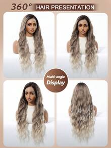 Ombre Brown Roots Ash Blond Wigs Long Water Wave 13*3.5 Lace Front Wig Medium Part Fluffy Curly Synthetic Gradient Brown Wig For Date Daily Wear & Special Occasions - Brown Ombre - View 8