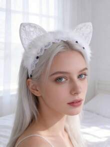 3pcs/Set Soft Lace Cat Ear Headband, 3 Colors Available, Suitable For Daily Wear And Festivals, Women's Lace Cat Ear Headband, Wedding Party & Cosplay Accessories, Elegant Fluffy Cat Ear Headpiece In Black, Red And White Lace, Photo Shoot Props, Lace Trim Cat Ear Headband With Feather Decor - View 1