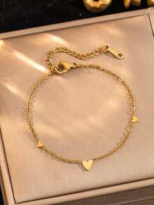 1件装不锈钢镀金极简心形手链，女士款，永不褪色 - 簡約愛心手鍊 - 查看 1