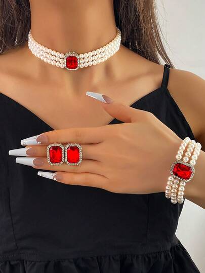 Lavish Square Cubic Zirconia Pearl Earrings Necklace Bracelet Set For Women Wedding Jewelry