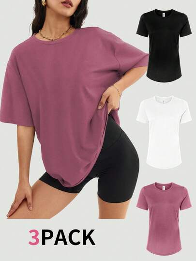 Speed mate 3件装女士休闲宽松T恤夏季圆领短袖运动基础款T恤上衣