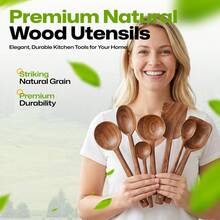 AIUHI 7pcs Wooden Cooking Spoon Set Wok Turners Natural Wooden Utensil Kitchen Spatula Set Skimmer Spoon Wood Turner Cutlery Set Wooden Spatula Soup Spoons - Brown - View 3