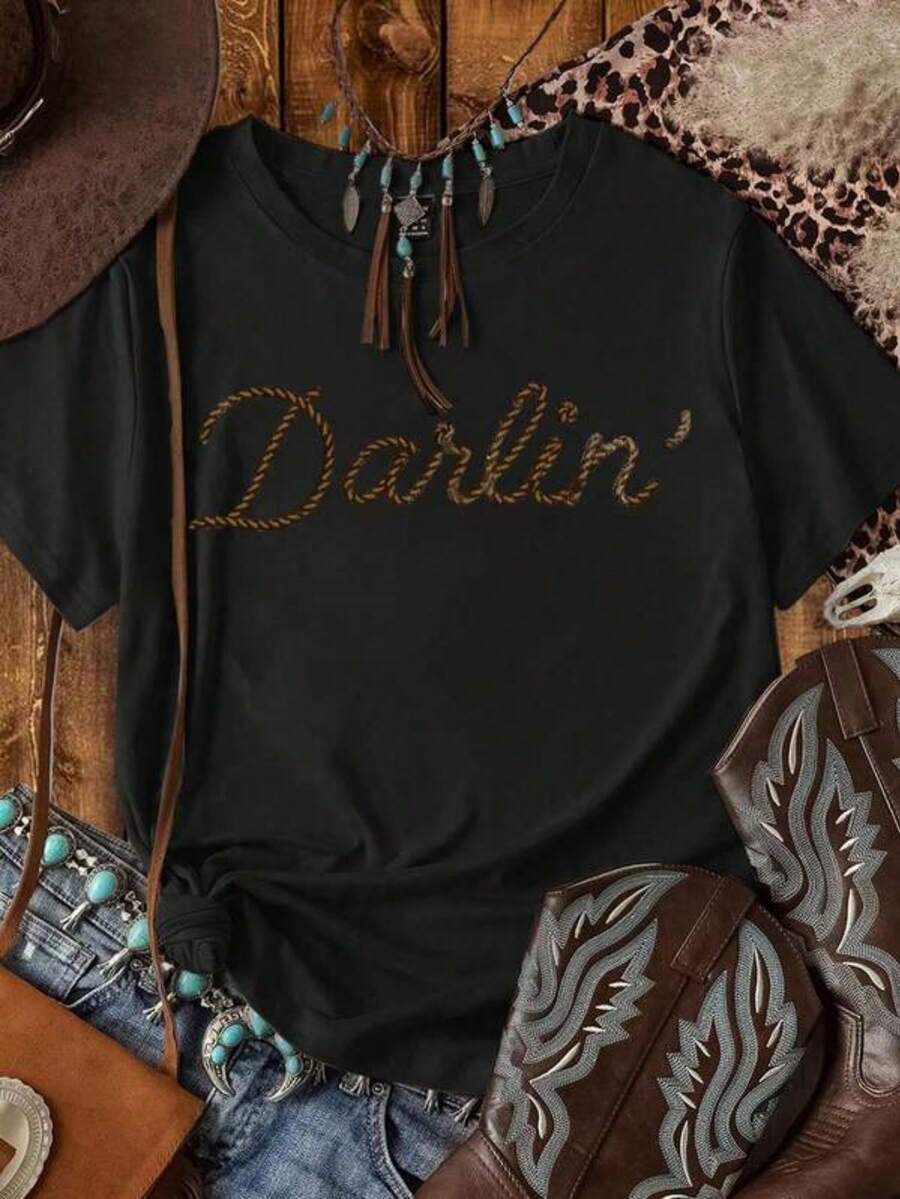 Women's Slogan Graphic T-Shirt, Suitable For Spring And Summer Western T Shirts Western Graphic Tees Women Cowgirl Shirts For Women Dark Academia Clothes Dolly Parton Shirt. Conjuntos De Mujer Elegantes,Camisas Para Mujer,Vacation Outfits Women,Summer - 黑色 - 查看 1