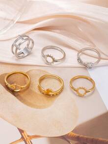 Set de 6 anillos de acero inoxidable con doble capa hueca y micro-incrustaciones de rhinestone, elegante y brillante, adecuado para uso diario, festivales, citas, regalo - Multicolor - Ver 3